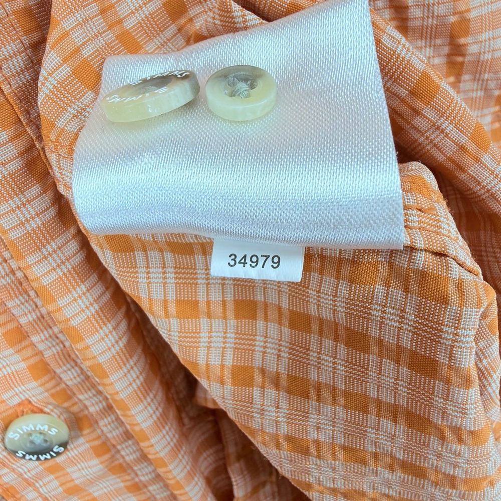Simms Fishing Shirt Mens Large Orange Plaid Seersucker Long Sleeve Nylon Outdoor - Picture 8 of 10